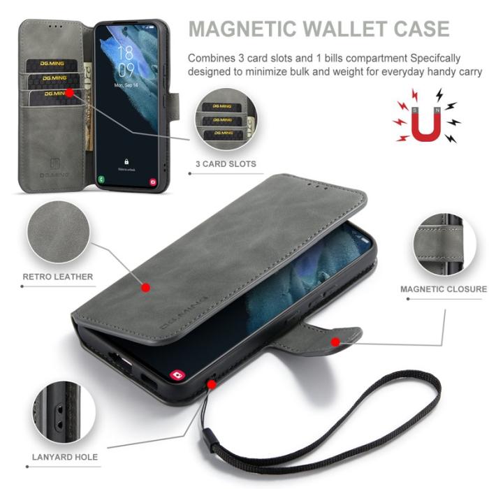 DG.MING - DG.MING Retro Style Konstläder Plånboksfodral för Samsung Galaxy S22 5G - Grå