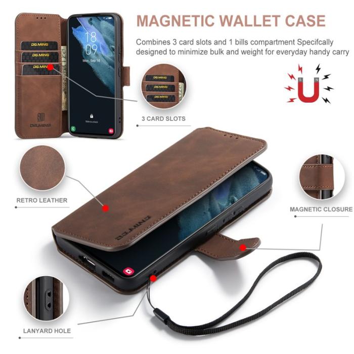 DG.MING - DG.MING Retro Style Konstläder Plånboksfodral för Samsung Galaxy S22 5G - Brun