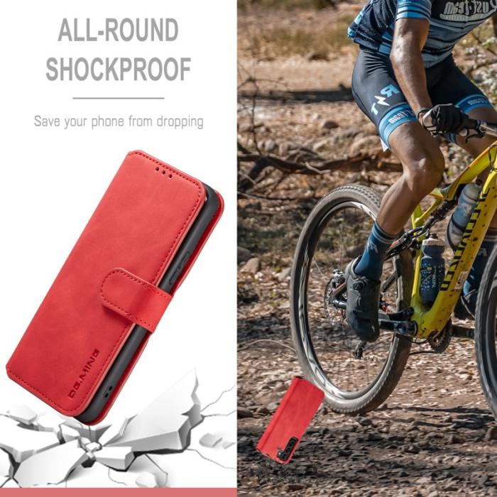 DG.MING - DG.MING Retro Style Konstläder Plånboksfodral för Samsung Galaxy S22 5G - Röd