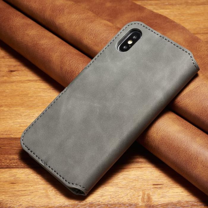 DG.MING - DG.MING Retro Wallet Läder Ställfodral för iPhone XS - Grå