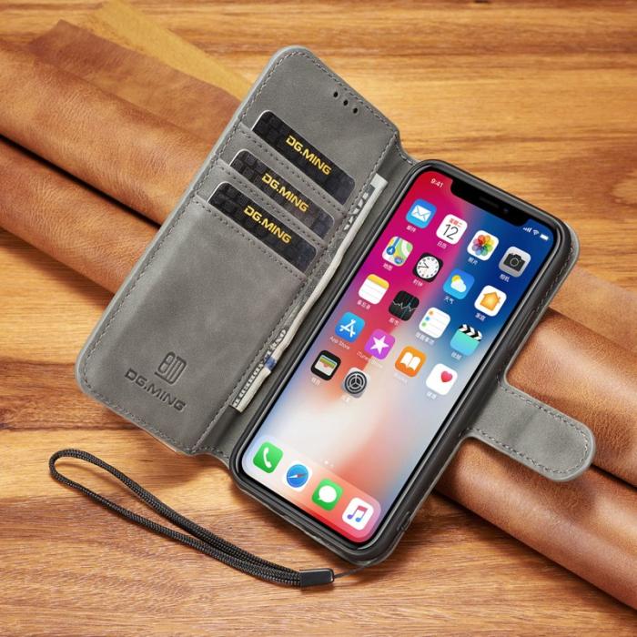 DG.MING - DG.MING Retro Wallet Läder Ställfodral för iPhone XS - Grå