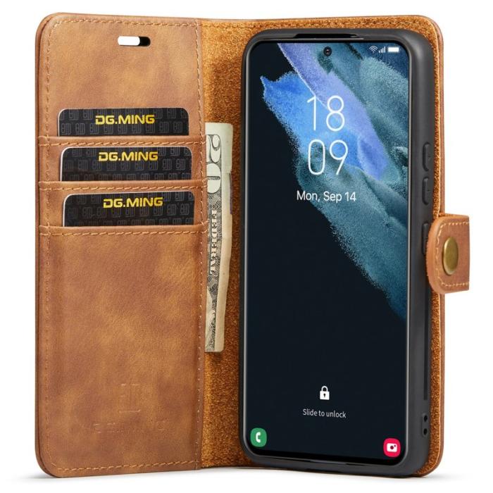 DG.MING - DG.MING Split Leather Wallet Skal för Samsung Galaxy S22+ 5G - Brun