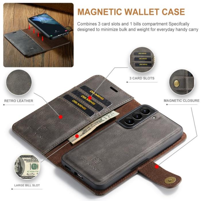 DG.MING - DG.MING Split Leather Wallet Skal för Samsung Galaxy S22+ 5G - Grå