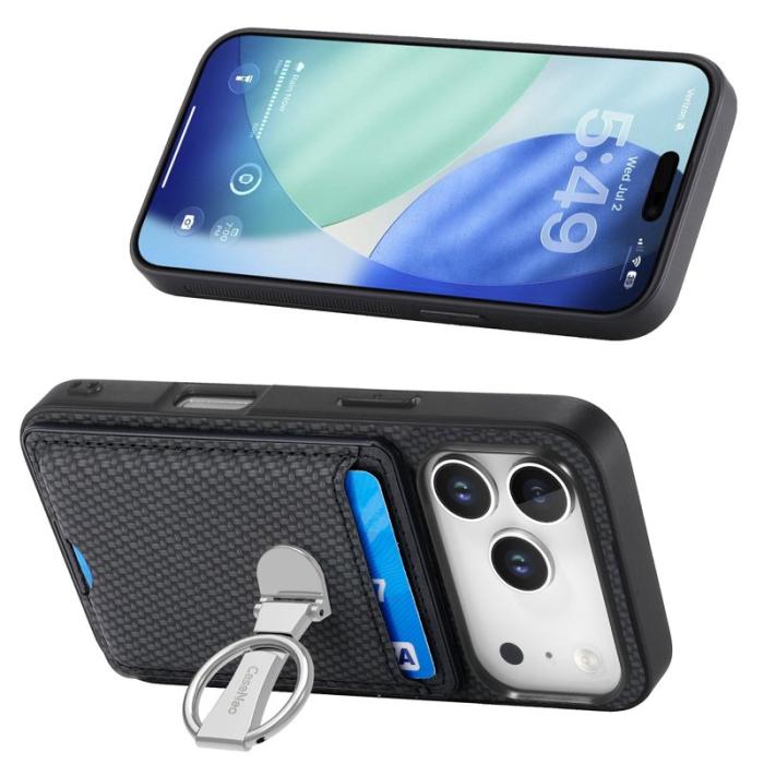 CASENEO - iPhone 17 Pro Läder Skal med Ställ och Kortfack - Svart