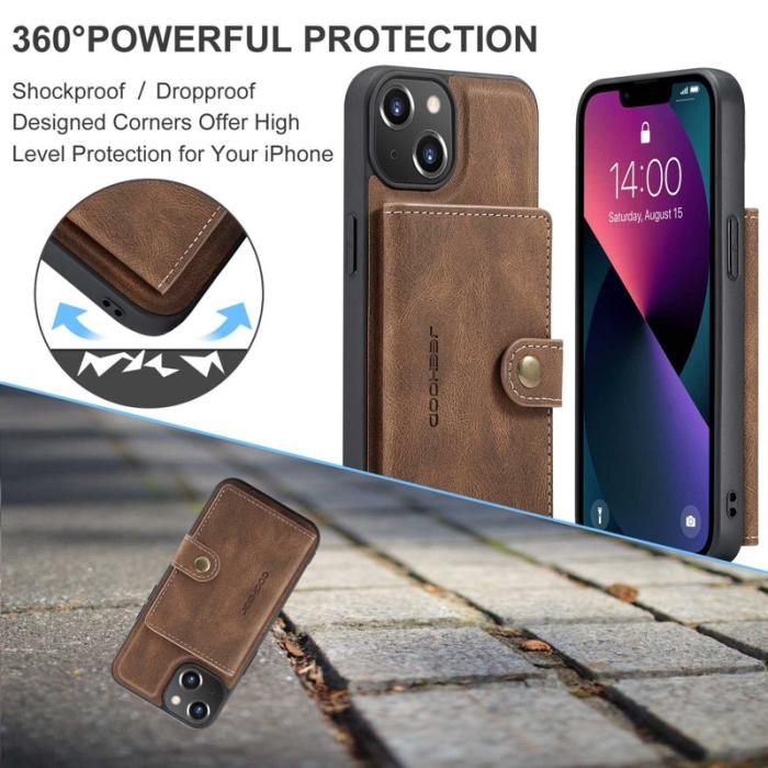 JEEHOOD - JEEHOOD iPhone 14 2-i-1 Läder TPU Skal med Fodral - Brun