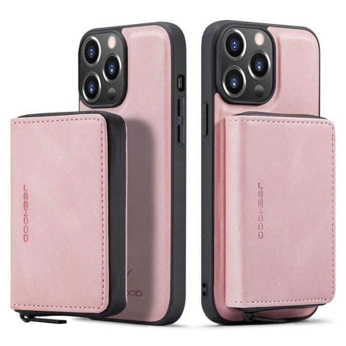 JEEHOOD - JEEHOOD iPhone 14 Pro Max Skal PU Läder Zipper Wallet Rosa