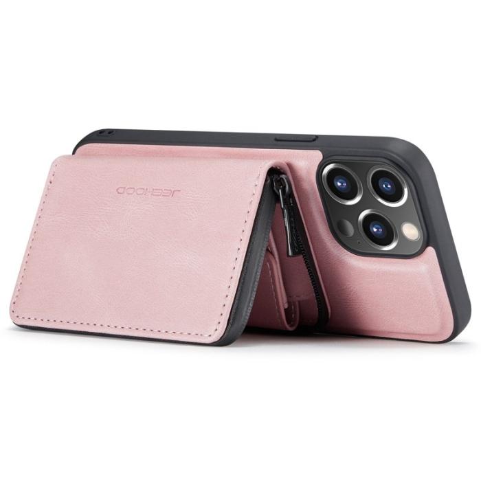JEEHOOD - JEEHOOD iPhone 14 Pro Max Skal PU Läder Zipper Wallet Rosa