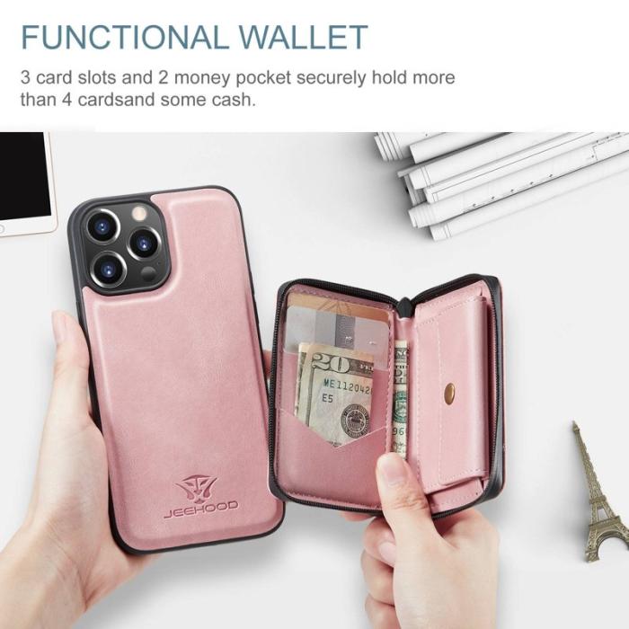 JEEHOOD - JEEHOOD iPhone 14 Pro Max Skal PU Läder Zipper Wallet Rosa