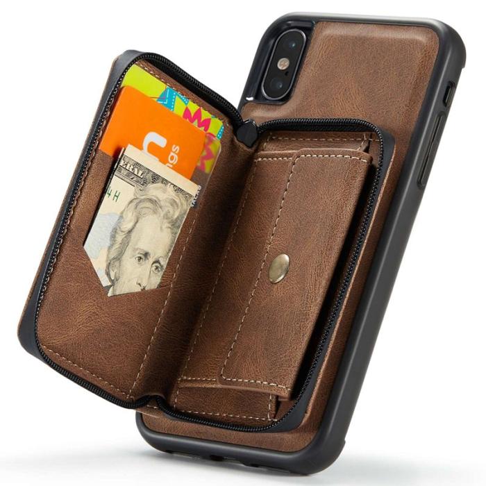 JEEHOOD - JEEHOOD iPhone XS Max Skal Detachable Zipper Wallet Brun
