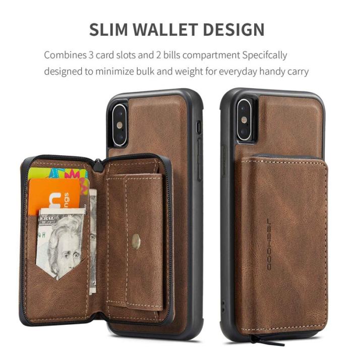 JEEHOOD - JEEHOOD iPhone XS Max Skal Detachable Zipper Wallet Brun