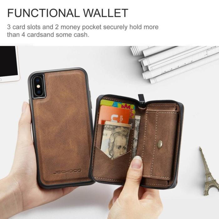 JEEHOOD - JEEHOOD iPhone XS Max Skal Detachable Zipper Wallet Brun