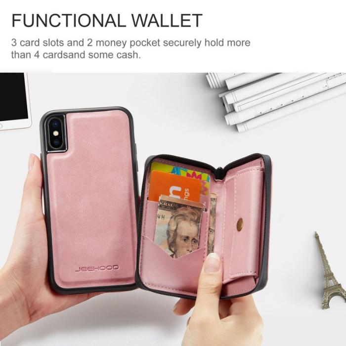 JEEHOOD - JEEHOOD iPhone XS Max Skal Detachable Zipper Wallet Pink