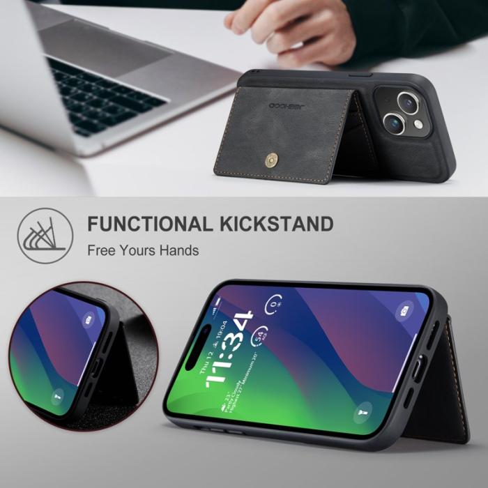 JEEHOOD - JEEHOOD J01 Fodral för iPhone 15 Kortväska Ställ i Läder - Svart