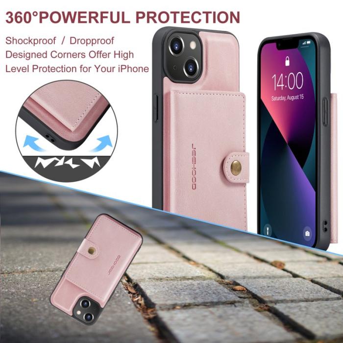 JEEHOOD - JEEHOOD J01 iPhone 13 Skal Detachable Kortfodral Läder Rosa