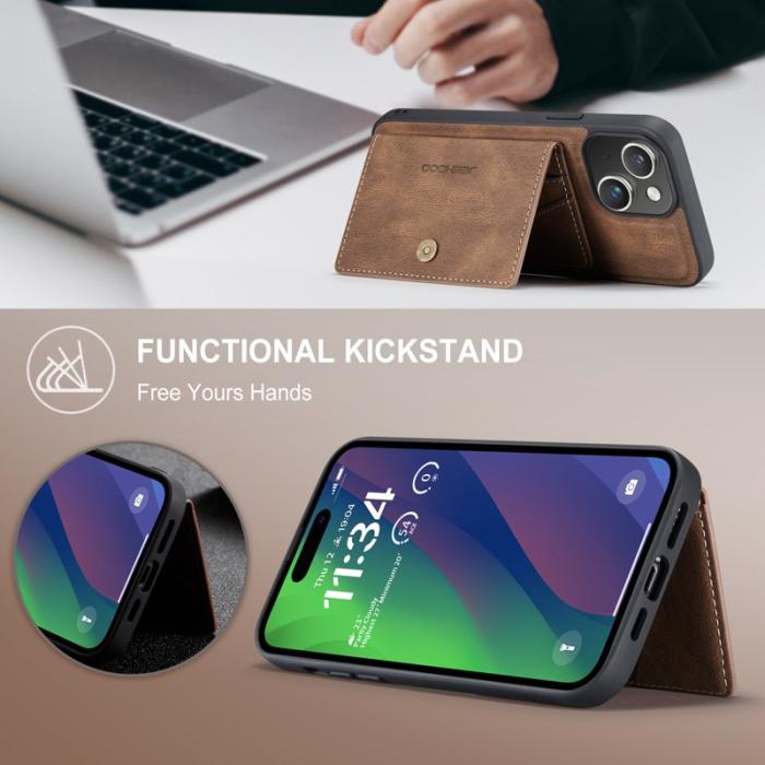 JEEHOOD - JEEHOOD J01 iPhone 15 Skal Kortficka Ställning Läder Brun