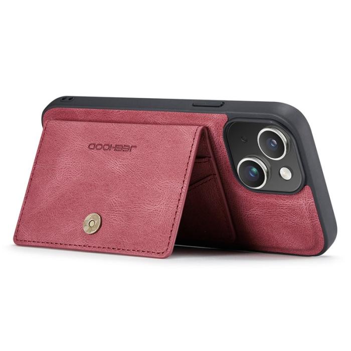 JEEHOOD - JEEHOOD J01 iPhone 15 Skal Kortficka Ställning Läder Röd