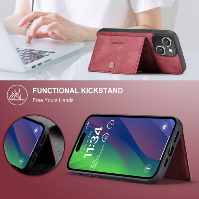 JEEHOOD - JEEHOOD J01 iPhone 15 Skal Kortficka Ställning Läder Röd