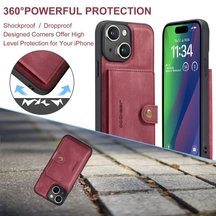 JEEHOOD - JEEHOOD J01 iPhone 15 Skal Kortficka Ställning Läder Röd