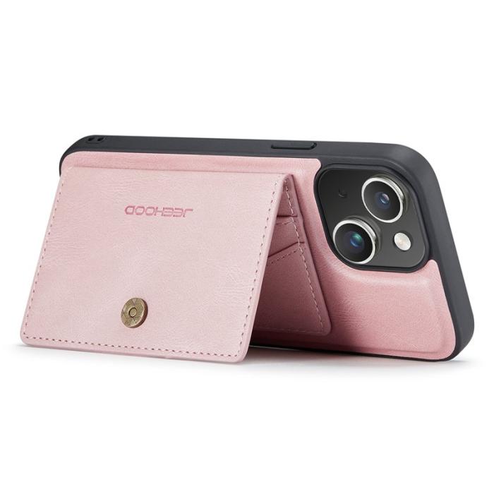 JEEHOOD - JEEHOOD J01 iPhone 15 Skal Kortficka Ställning Läder Rosa