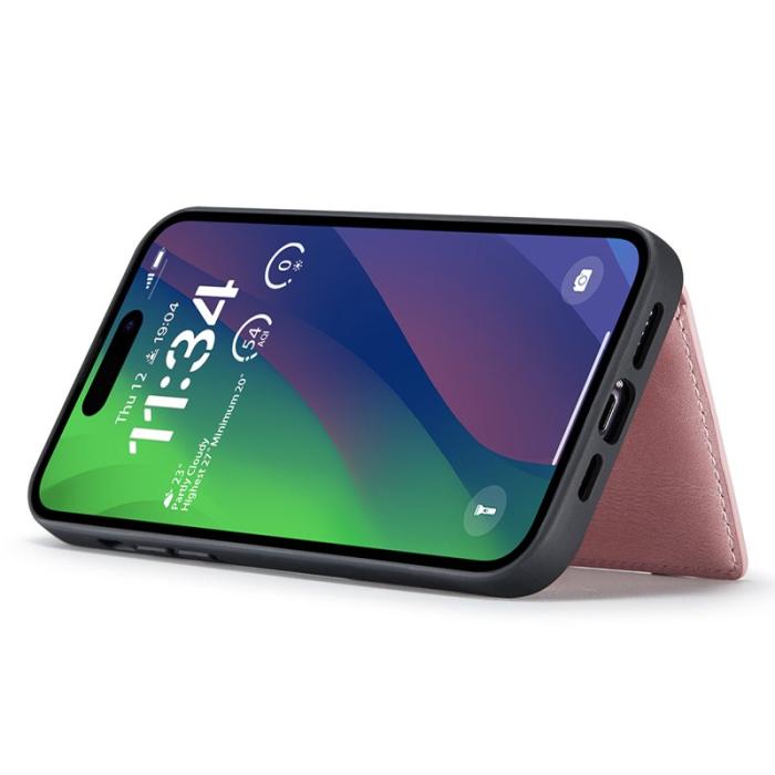 JEEHOOD - JEEHOOD J01 iPhone 15 Skal Kortficka Ställning Läder Rosa