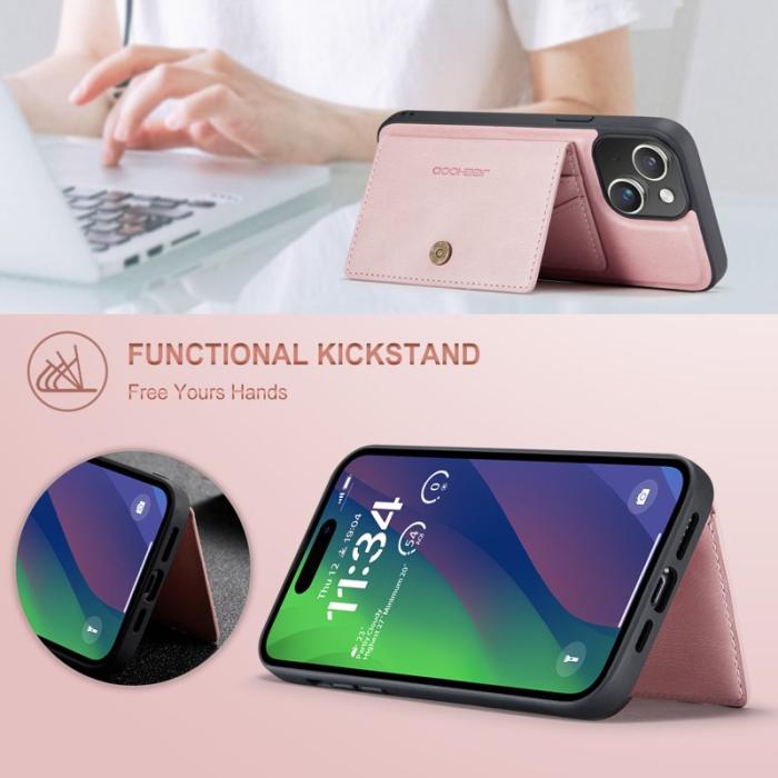 JEEHOOD - JEEHOOD J01 iPhone 15 Skal Kortficka Ställning Läder Rosa