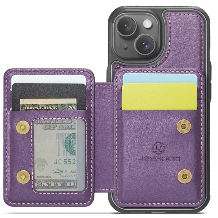 JEEHOOD - JEEHOOD J05 Fodral för iPhone 15 Läder med Magnetisk Kortväska Lila