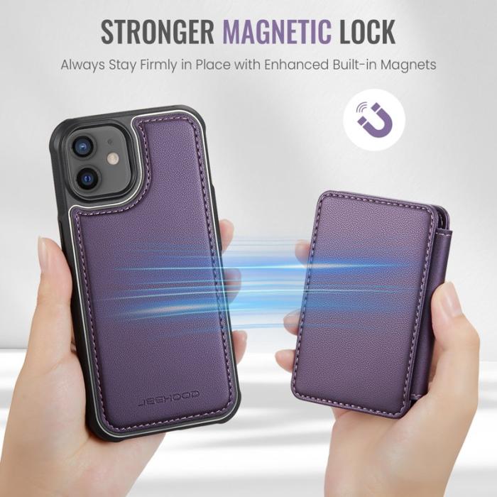 JEEHOOD - JEEHOOD J05 iPhone 12 / 12 Pro Skal Läder med Magnetficka Lila