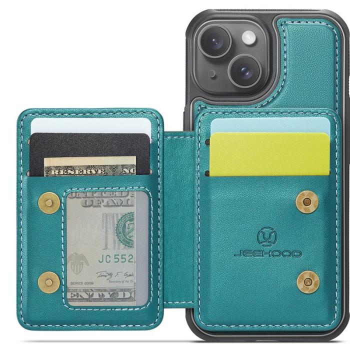 JEEHOOD - JEEHOOD J05 iPhone 15 Skal Läder Mobilfodral med Kortficka Cyan