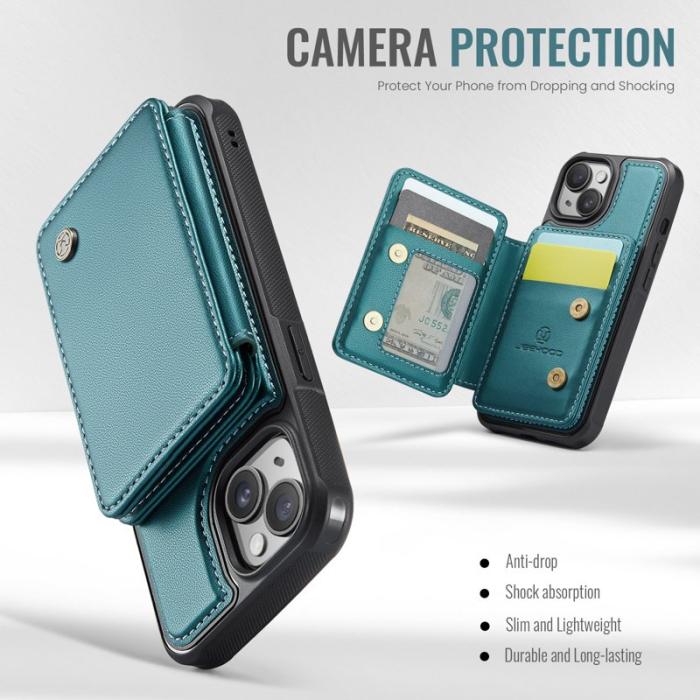 JEEHOOD - JEEHOOD J05 iPhone 15 Skal Läder Mobilfodral med Kortficka Cyan