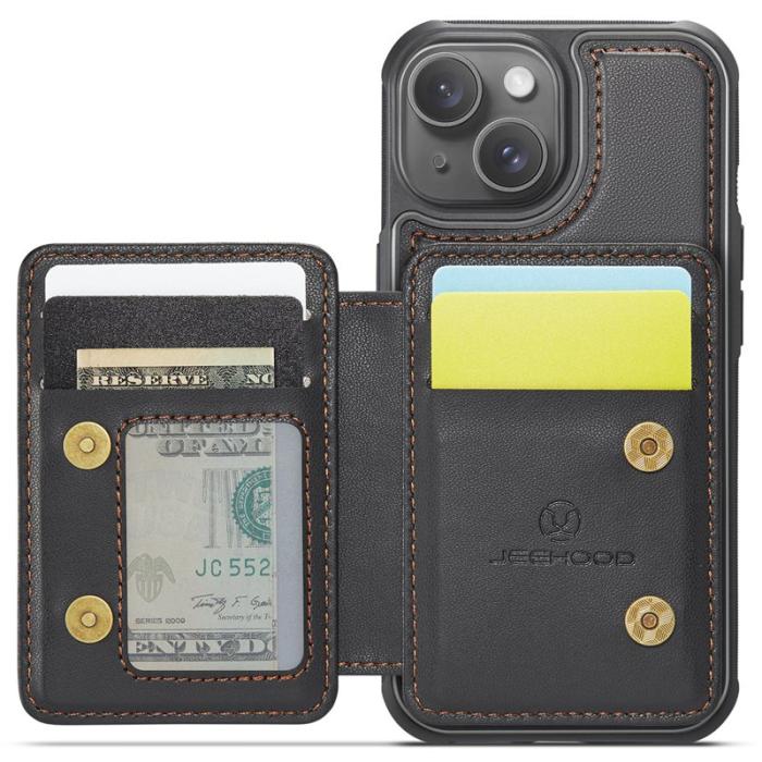 JEEHOOD - JEEHOOD J05 iPhone 15 Skal Läder Mobilfodral med Kortficka - Svart