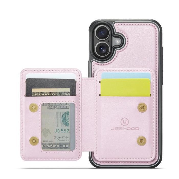 JEEHOOD - JEEHOOD J05 iPhone 16 Skal Läder Mobilfodral med Kortficka - Rosa