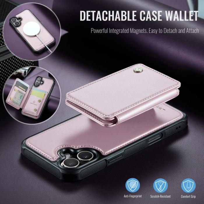 JEEHOOD - JEEHOOD J05 iPhone 16 Skal Läder Mobilfodral med Kortficka - Rosa