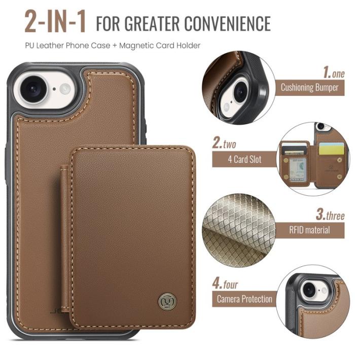 JEEHOOD - JEEHOOD J05 iPhone 16e Skal Läder med Avtagbar Kortväska - Brun
