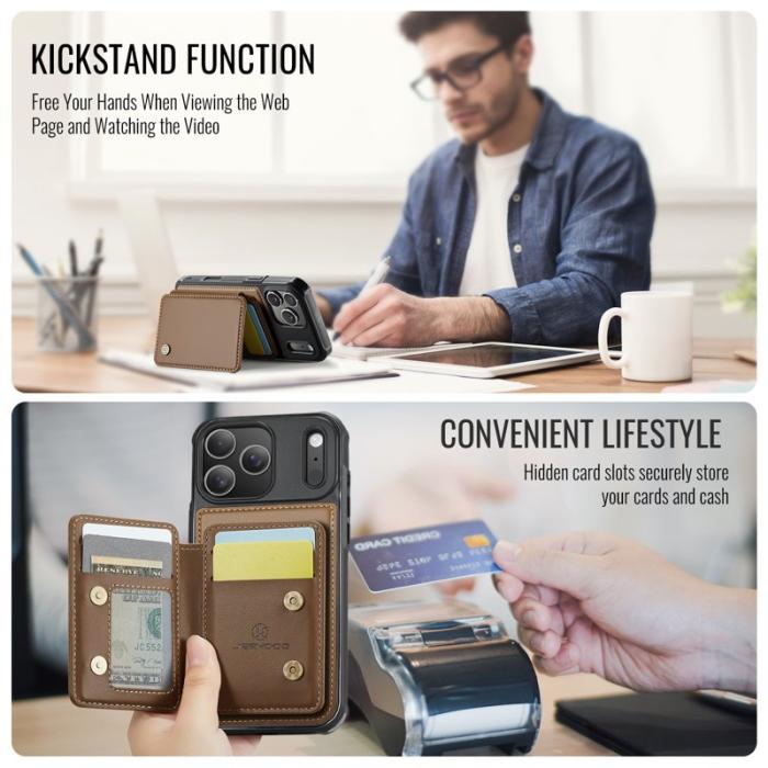JEEHOOD - JEEHOOD J05 iPhone 17 Pro Max Skal Läder med Magnetficka - Brun