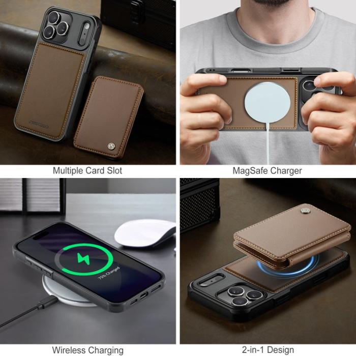 JEEHOOD - JEEHOOD J05 iPhone 17 Pro Skal Läder med Avtagbar Kortväska - Brun