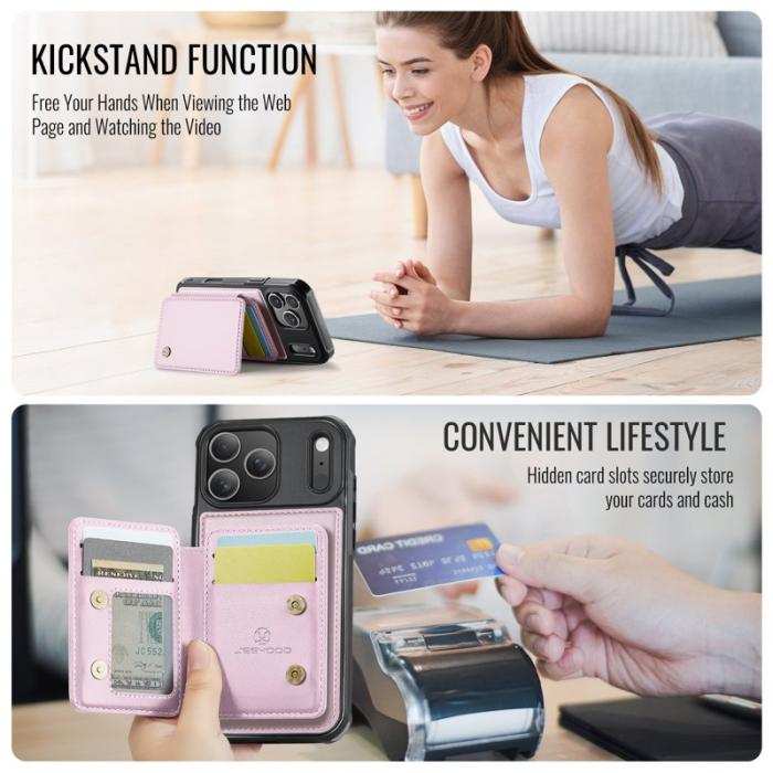JEEHOOD - JEEHOOD J05 iPhone 17 Pro Skal Läder med Magnetficka - Rosa