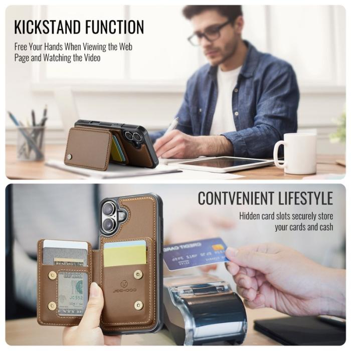 JEEHOOD - JEEHOOD J05 iPhone 17 Skal Läder med Avtagbar Kortväska - Brun