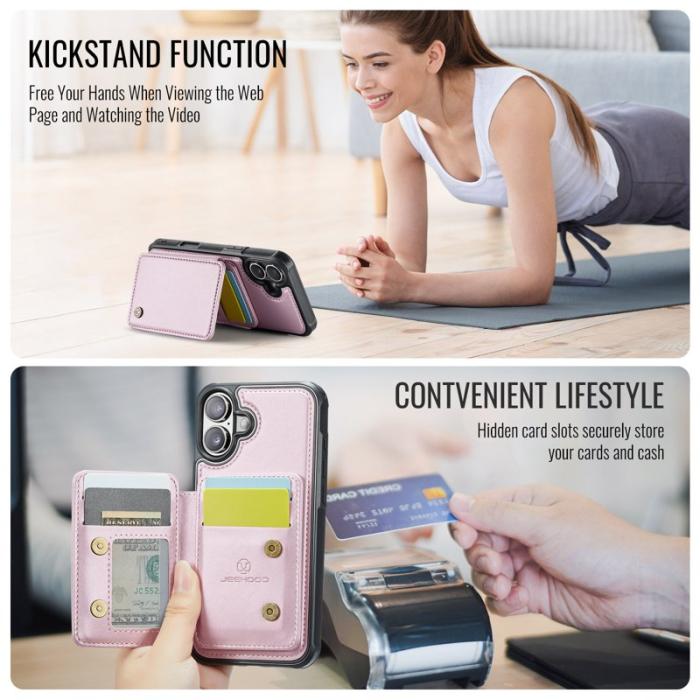 JEEHOOD - JEEHOOD J05 iPhone 17 Skal Läder med Avtagbar Kortväska - Rosa
