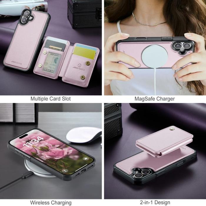 JEEHOOD - JEEHOOD J05 iPhone 17 Skal Läder med Avtagbar Kortväska - Rosa