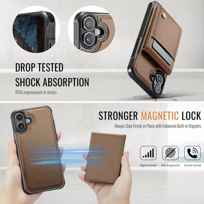 JEEHOOD - JEEHOOD J06 iPhone 16 Läderfodral MagSafe med kortfack - Brun