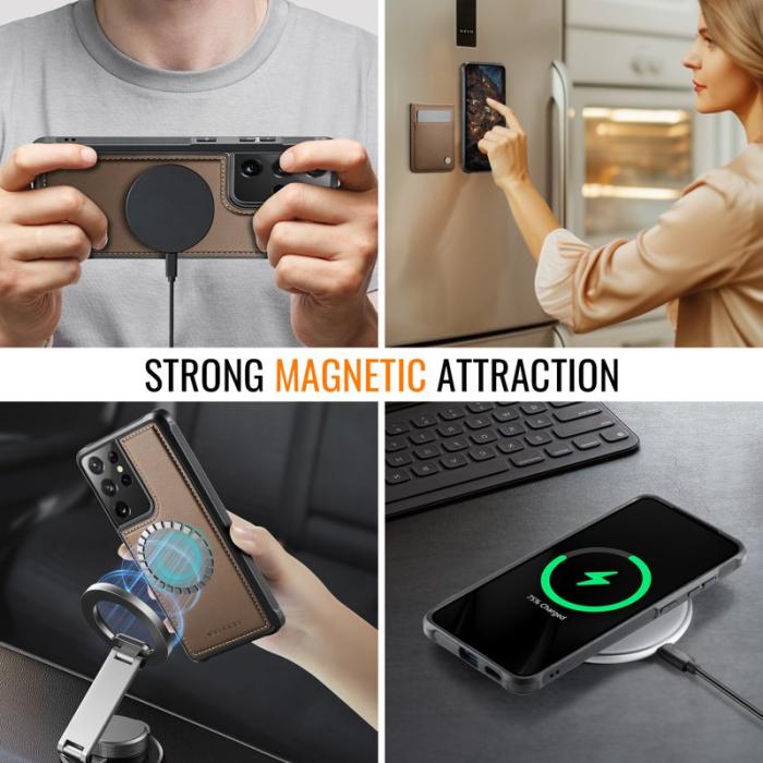 JEEHOOD - JEEHOOD J06 Konstläder fodral till Samsung Galaxy S21 Ultra 5G - Brun