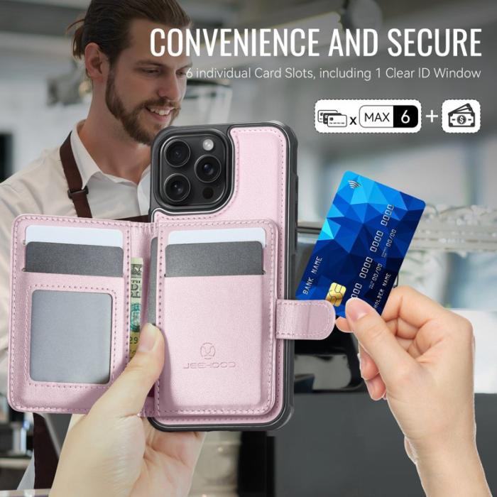 JEEHOOD - JEEHOOD J09 Fodral iPhone 13 Pro Max 6.7 tum RFID Läder Rosa