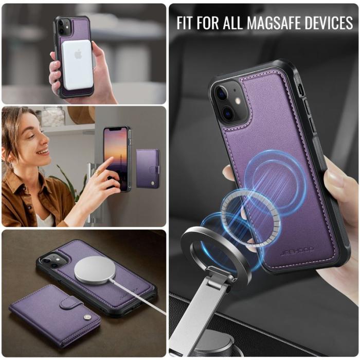 JEEHOOD - JEEHOOD J09 iPhone 11 Skal RFID Blocker Läder MagSafe Lila