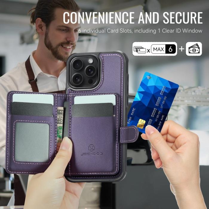 JEEHOOD - JEEHOOD J09 iPhone 14 Pro Skal RFID Låsfunktion Läder Lila