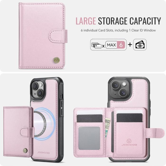 JEEHOOD - JEEHOOD J09 iPhone 14 Skal RFID Skydd Läder MagSafe - Rosa