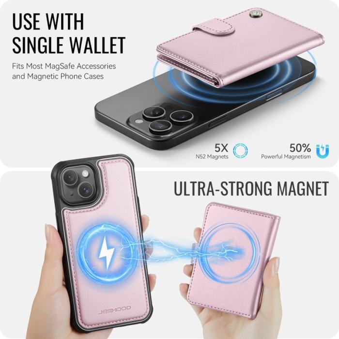 JEEHOOD - JEEHOOD J09 iPhone 14 Skal RFID Skydd Läder MagSafe - Rosa
