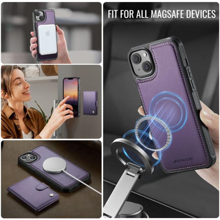 JEEHOOD - JEEHOOD J09 iPhone 15 Fodral Läder MagSafe RFID Skydd Lila