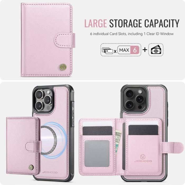 JEEHOOD - JEEHOOD J09 iPhone 15 Pro Skal RFID Blocker Läder Rosa