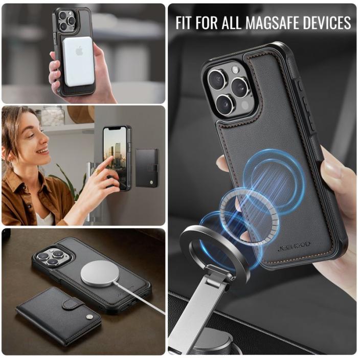 JEEHOOD - JEEHOOD J09 iPhone 15 Pro Skal RFID Låsfunktion Läder Svart
