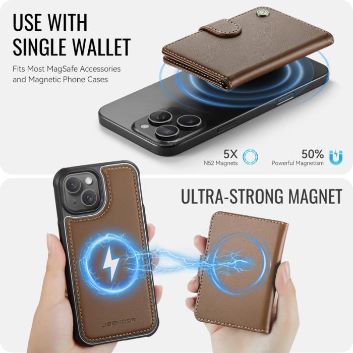 JEEHOOD - JEEHOOD J09 iPhone 15 Skal RFID Blocker Läder MagSafe - Brun
